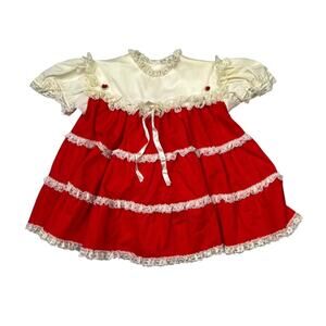 Vintage 60s 70s Ruffle Holiday Party Dress Lace Trim Red White Baby Girls 6-12M